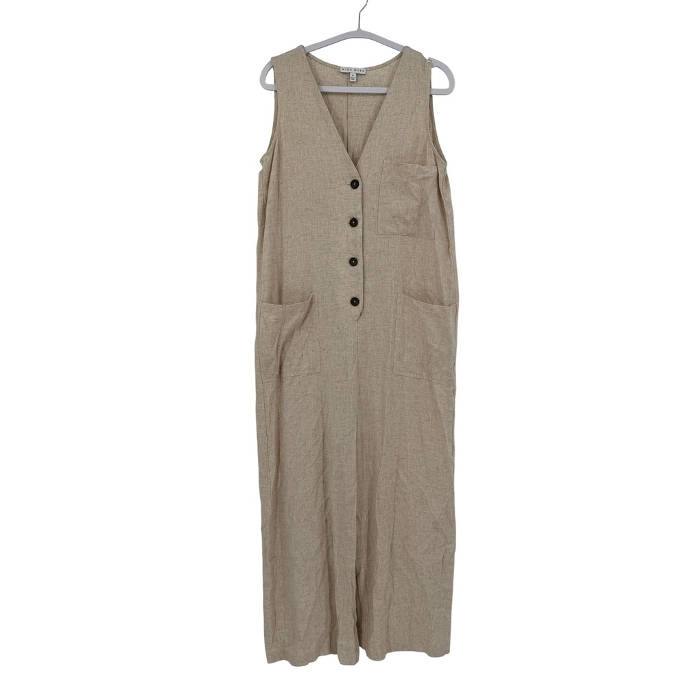 Miou Muse Womens Linen Blend Wide Leg Jumpsuit Oatmeal Beige V-Neck JU3054 Small